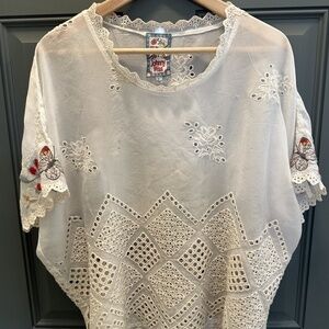 JOHNNY WAS Butterfly Floral Embroidered Top Blouse Eyelet White SZ Small $295